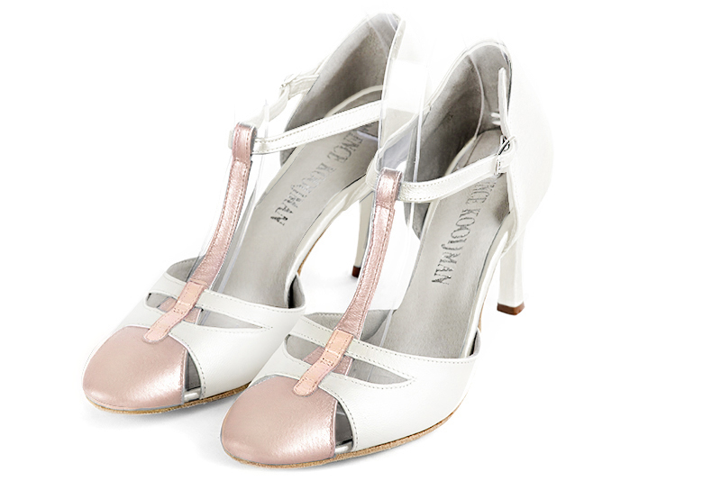 Powder pink and pure white women's T-strap open side shoes. Round toe. High slim heel. Front view - Florence KOOIJMAN